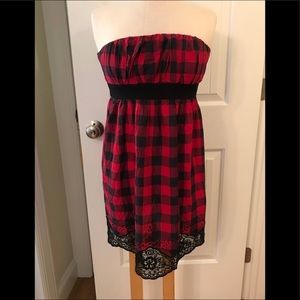 Checkered Red & Black Lace Hem strapless Dress M